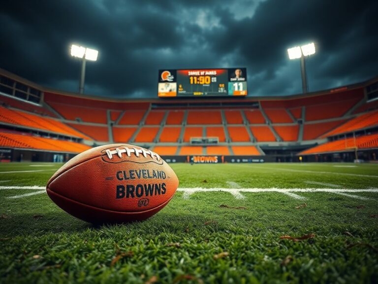 Flick International A worn-out football resting on the 50-yard line of a Cleveland Browns stadium under dim lights