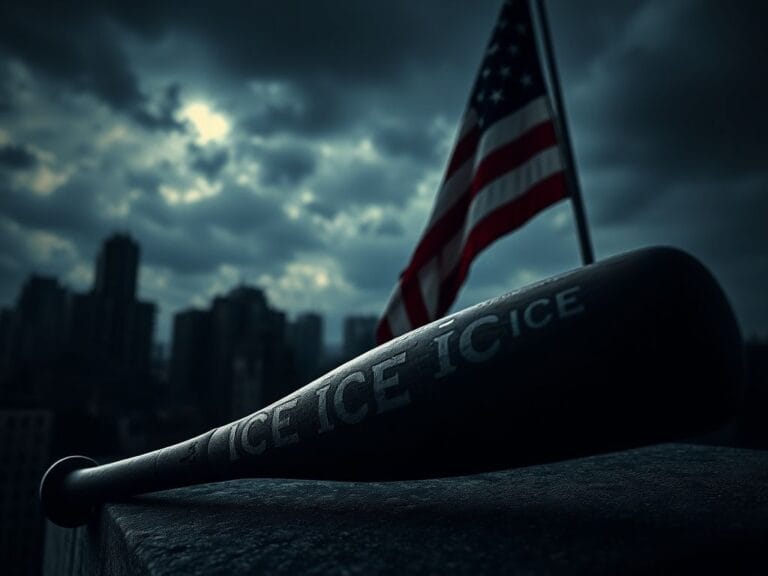 Flick International Dark urban landscape featuring a weathered American flag and a baseball bat supporting ICE agents