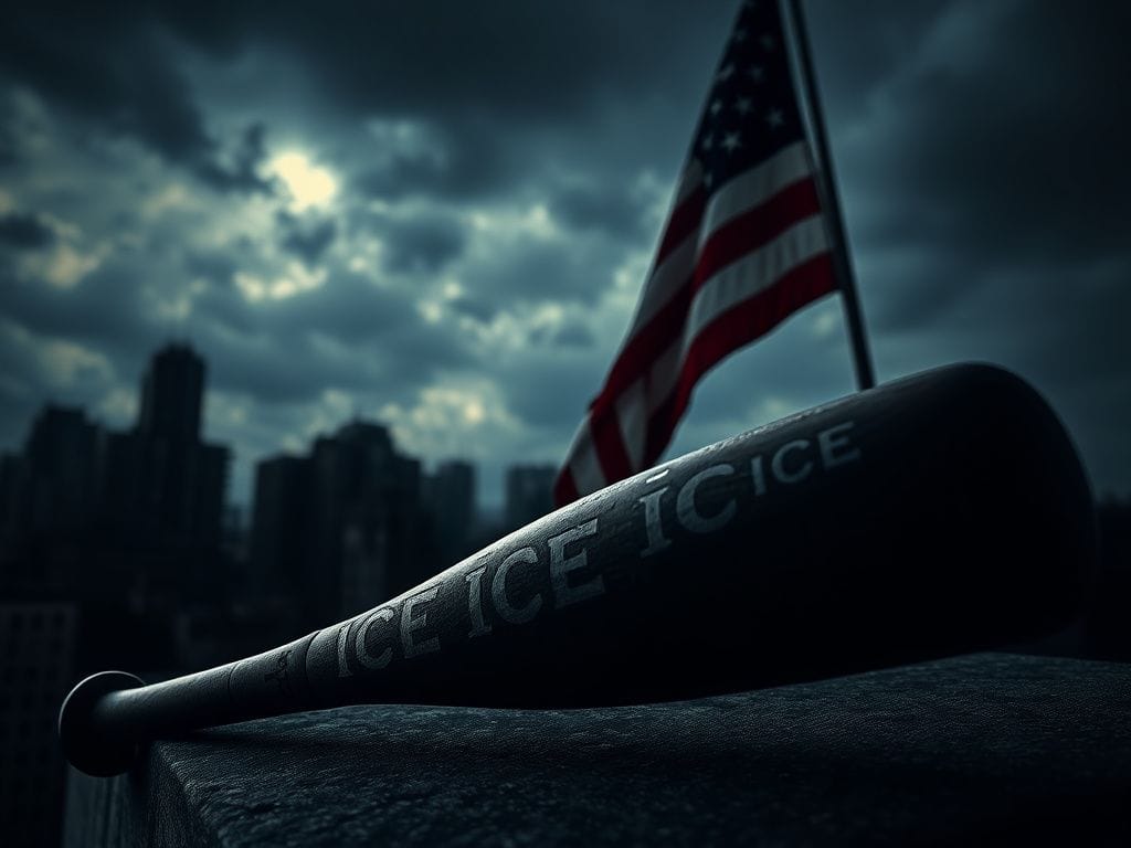 Flick International Dark urban landscape featuring a weathered American flag and a baseball bat supporting ICE agents