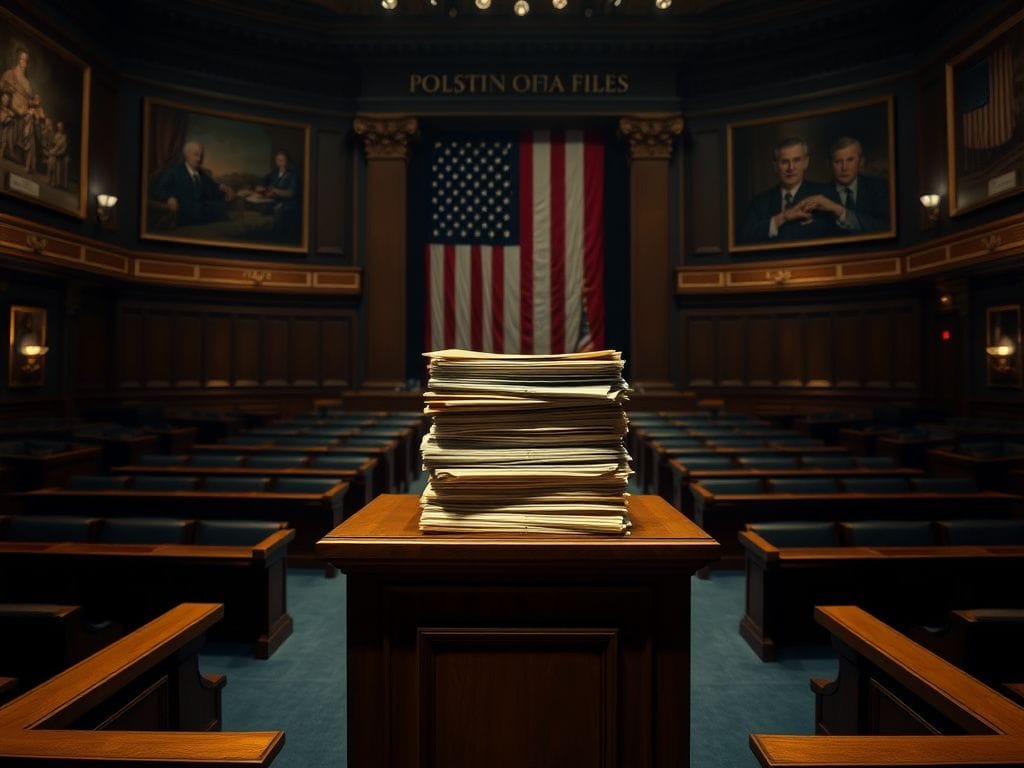 Flick International Dimly lit congressional chamber with empty seats and a podium, symbolizing political decision-making