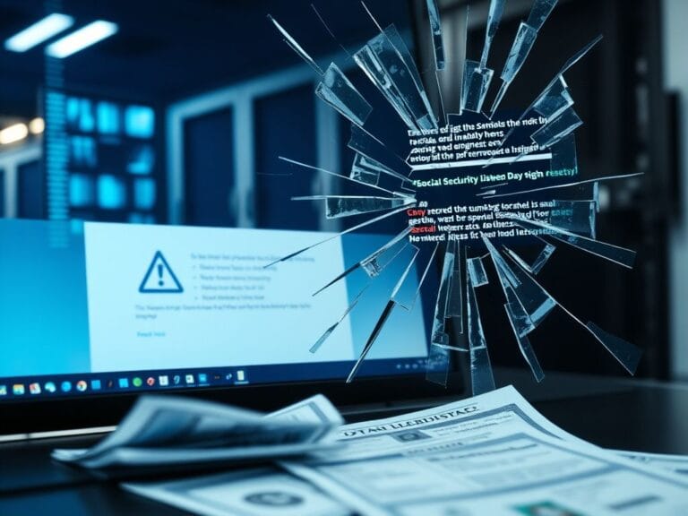 Flick International Close-up view of a shattered computer screen displaying error messages related to a data breach