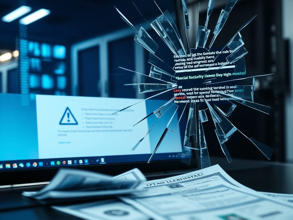 Flick International Close-up view of a shattered computer screen displaying error messages related to a data breach