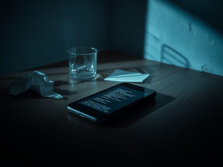 Flick International A dimly lit room featuring a smartphone, crumpled papers, and a shattered glass, symbolizing a fractured home environment.