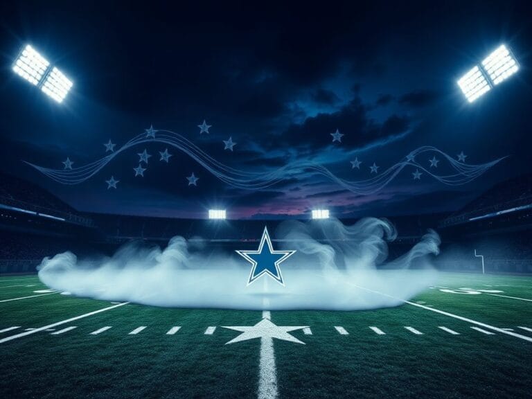 Flick International A dynamic football scene at night showcasing the Dallas Cowboys logo under stadium lights