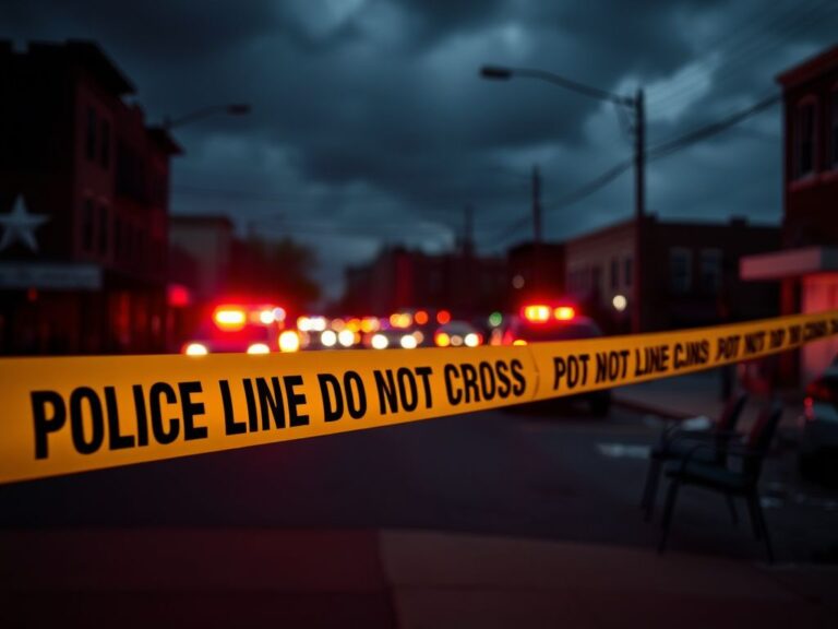 Flick International Police barrier tape at a Montgomery crime scene with blurred emergency vehicle lights