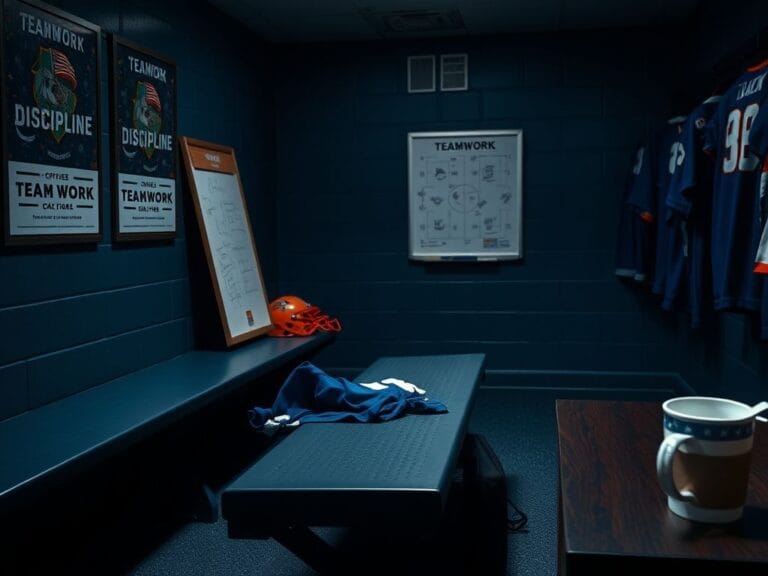 Flick International Dimly lit locker room with a rumpled jersey and helmet, symbolizing player absence