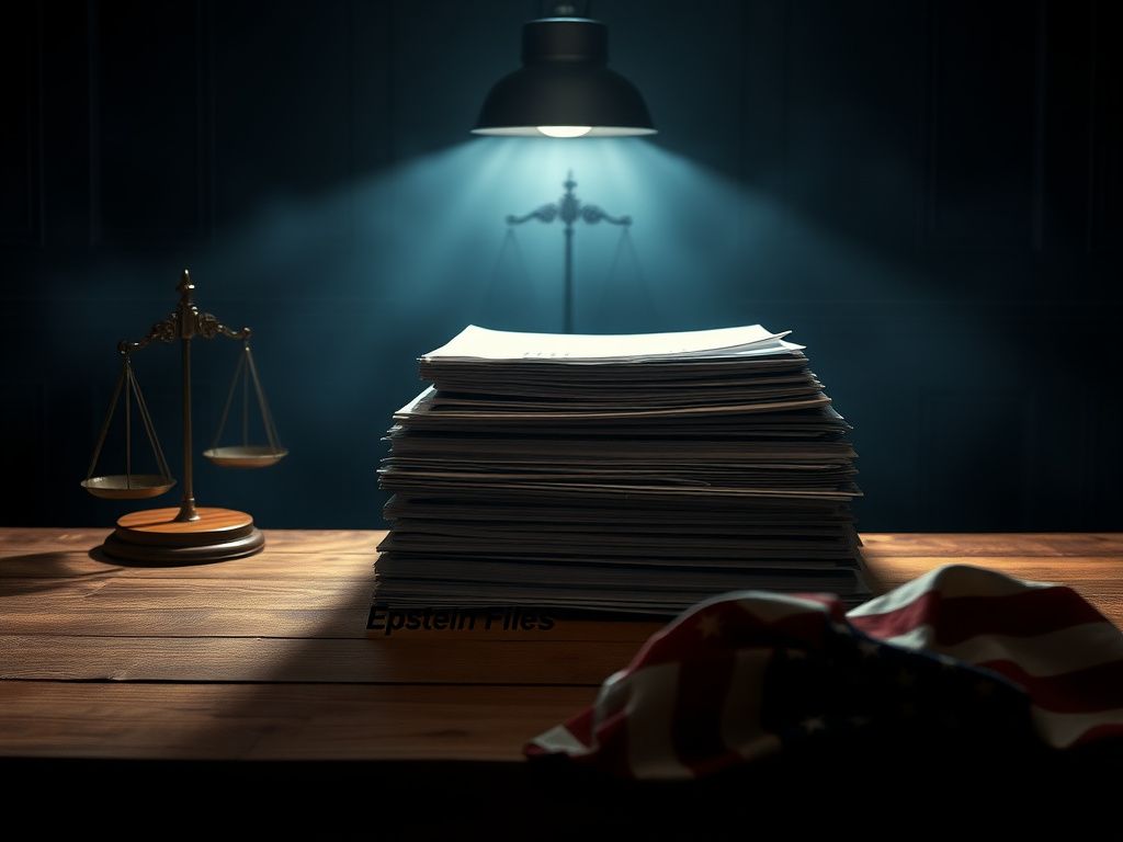 Flick International A stack of legal documents labeled 'Epstein Files' on a wooden table under warm overhead light.