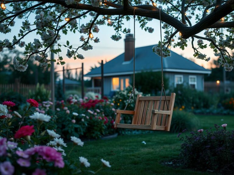 Flick International Serene family garden scene with a vintage wooden swing, symbolizing childhood innocence and growth.