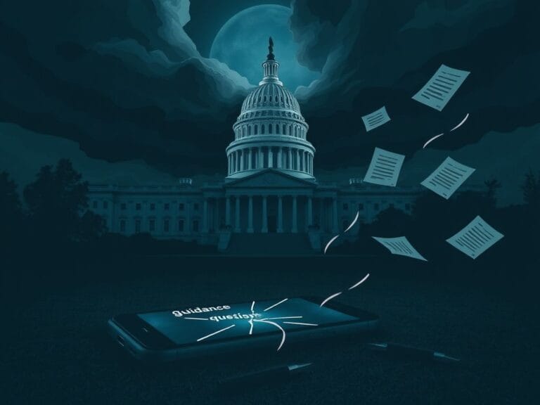 Flick International A dark composition of the U.S. Capitol surrounded by storm clouds and a cracked smartphone symbolizing political turmoil