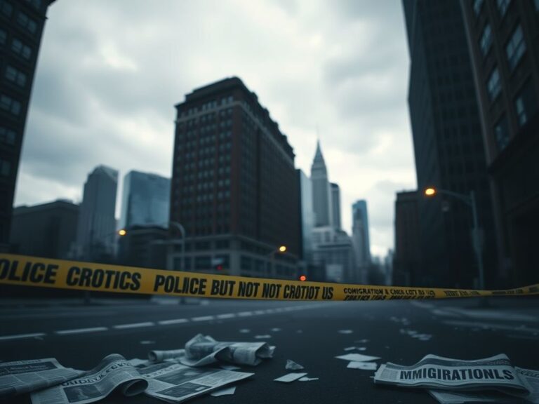 Flick International Dark urban landscape of Charlotte, North Carolina, with police tape and warning signs.