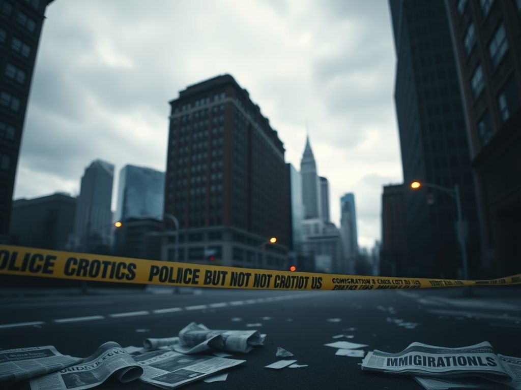 Flick International Dark urban landscape of Charlotte, North Carolina, with police tape and warning signs.