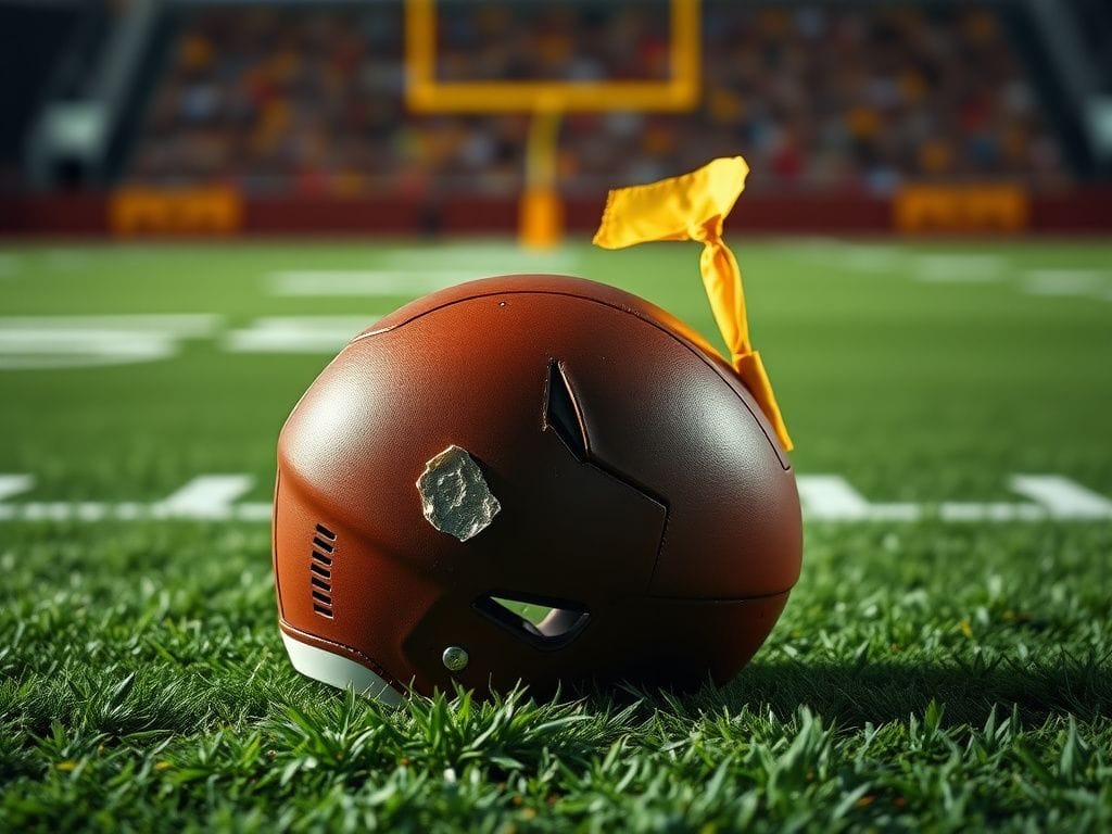 Flick International Close-up of a dented football helmet on a vibrant stadium field amidst football chaos