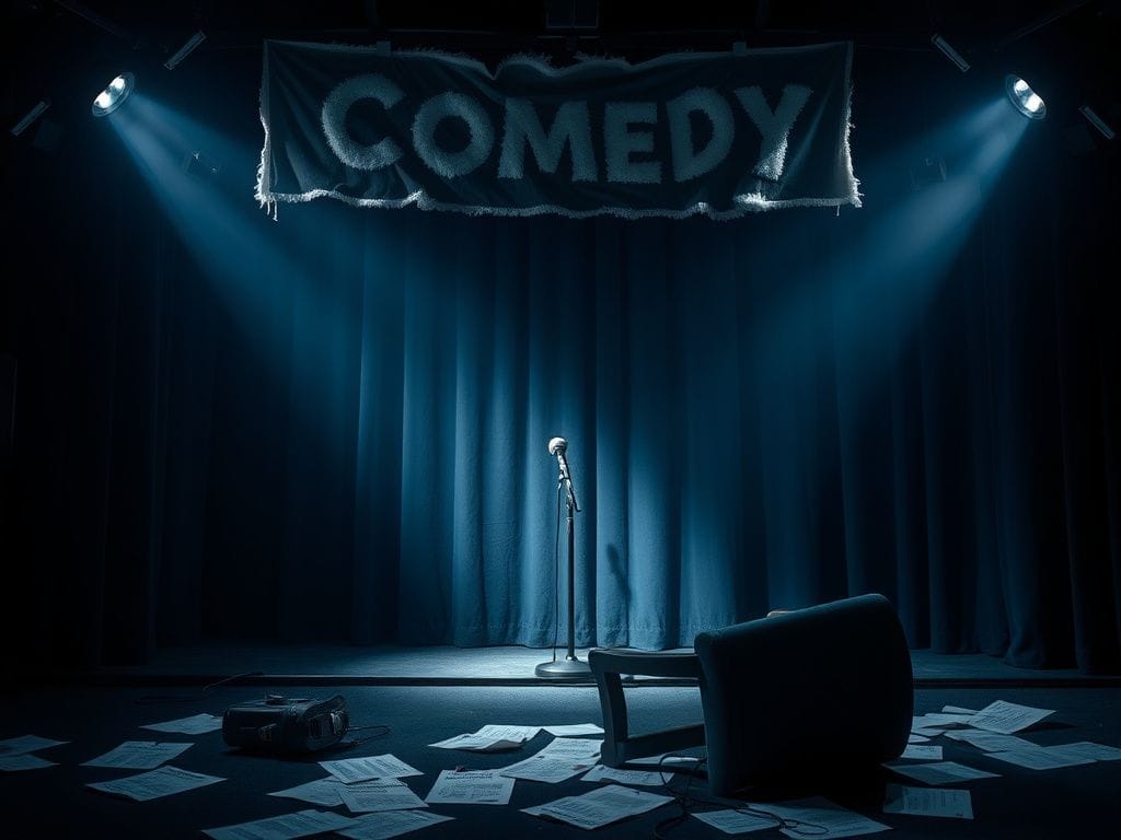 Flick International Empty comedy club stage with a microphone stand and shadows