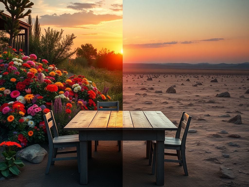 Flick International A split scene showing a vibrant garden and a barren landscape symbolizing political polarization