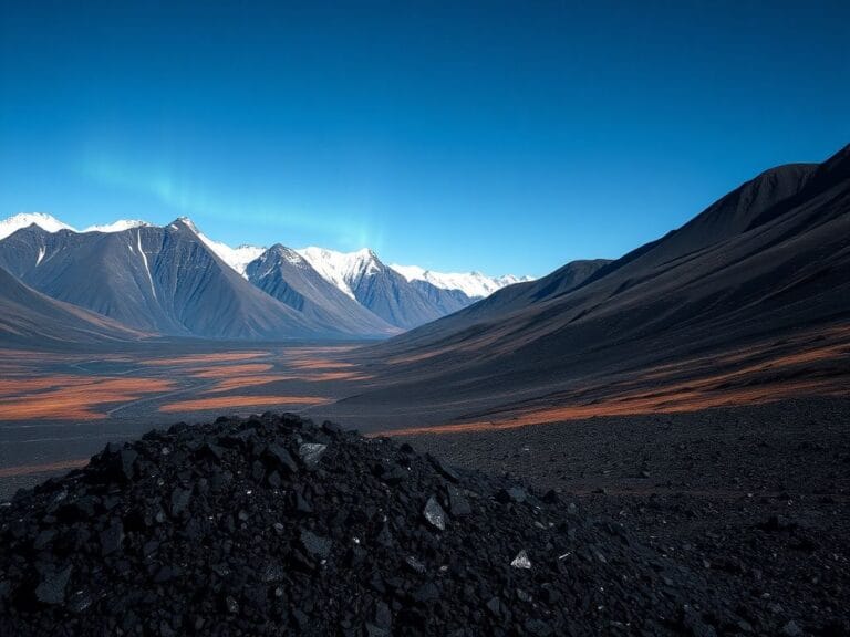 Flick International Aerial view of rugged Alaskan landscape showcasing Graphite Creek site with piles of graphite and rare earth minerals
