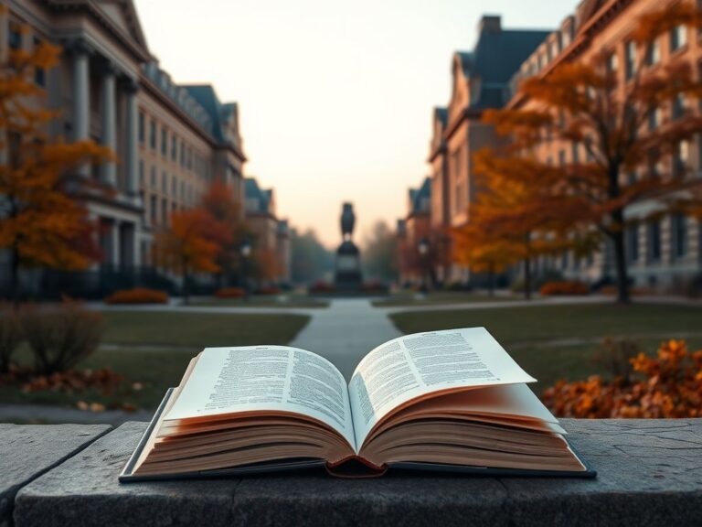 Flick International Serene university campus at dawn with historic buildings and autumn foliage