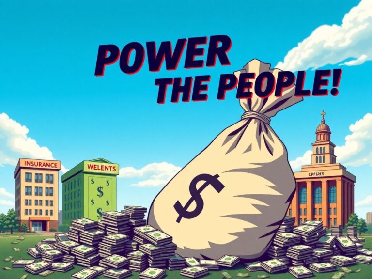 Flick International A large, overflowing bag of money with stacks of cash spilling out against a backdrop of cartoonish insurance company buildings.