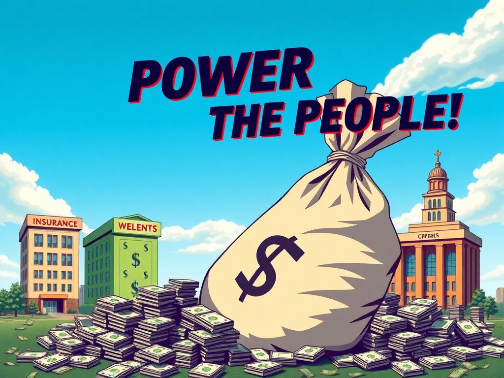 Flick International A large, overflowing bag of money with stacks of cash spilling out against a backdrop of cartoonish insurance company buildings.