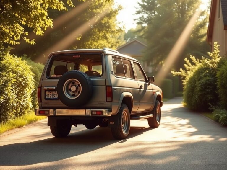 Flick International Vintage Isuzu Trooper parked in a sunlit driveway surrounded by greenery