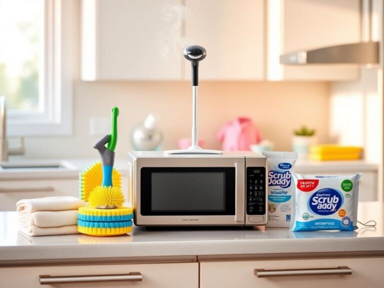 Flick International A modern kitchen countertop displaying innovative cleaning products including microfiber cloths and Scrub Daddy sponges.