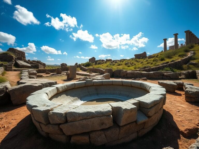 Flick International Wide-angle view of an ancient stone basin in Gabii, Italy, showcasing Roman architecture.