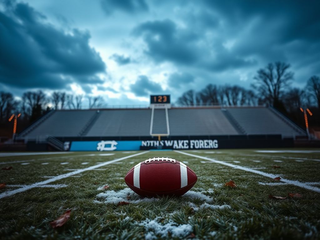 Flick International Icy football field at dusk with end zones in team colors representing North Carolina and Wake Forest