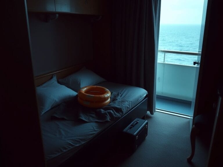 Flick International Dimly lit cruise ship cabin with a bed and life jackets