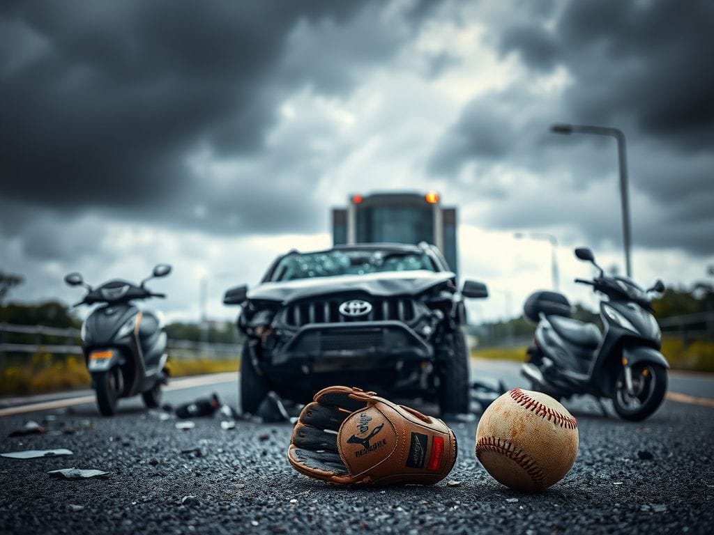 Flick International A mangled SUV surrounded by damaged scooters on a road in San Pedro de Macoris after a tragic car crash.
