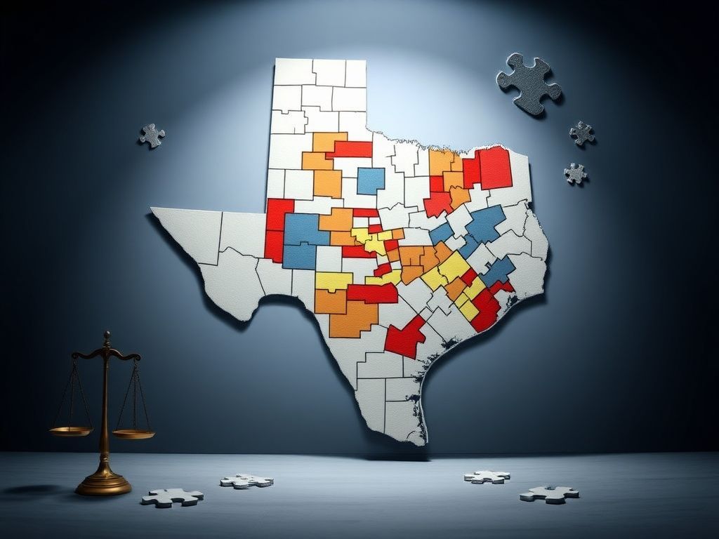 Flick International Detailed congressional map of Texas highlighting gerrymandered districts and legal elements