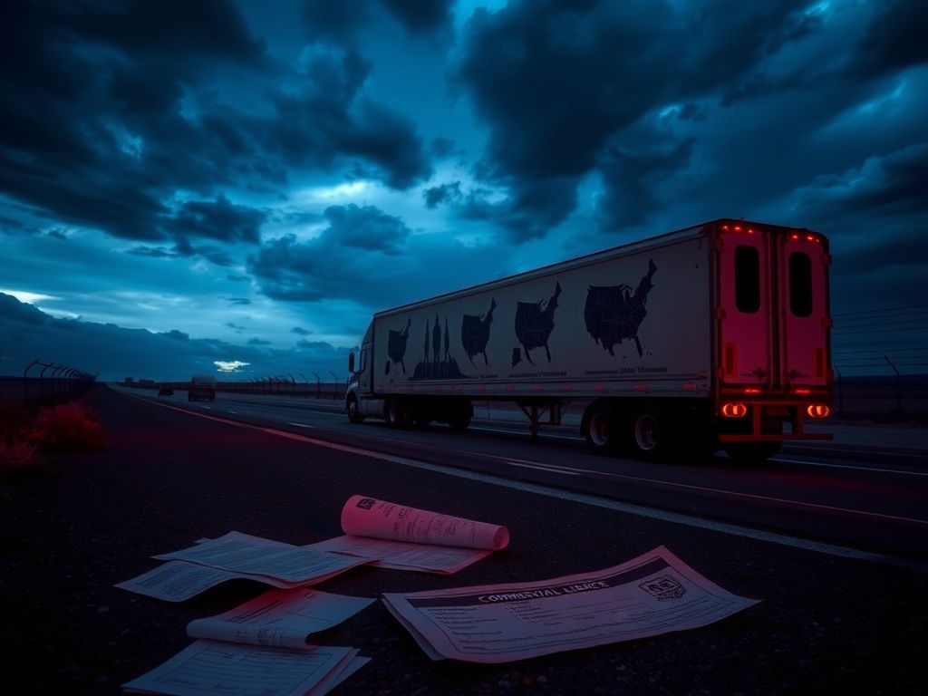 Flick International 18-wheeler truck parked on a desolate highway at twilight, symbolizing tension and unease