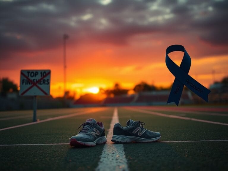 Flick International A pair of well-worn running shoes on a deserted high school track at sunset