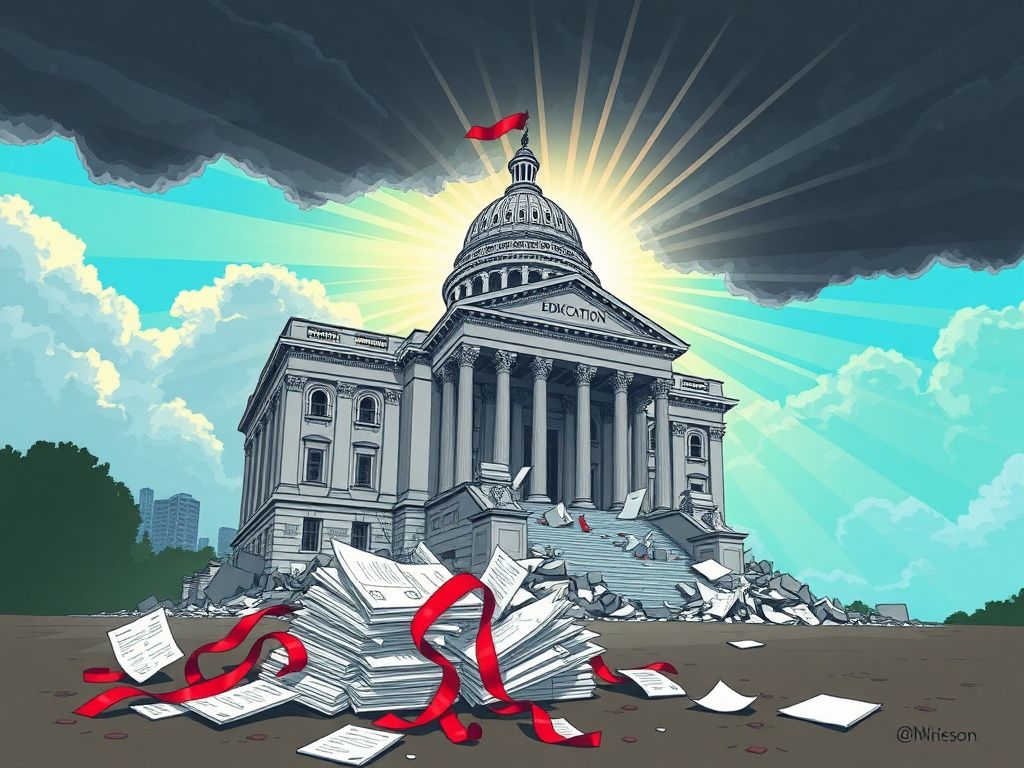 Flick International Illustration of the Department of Education building being dismantled, surrounded by federal agency logos