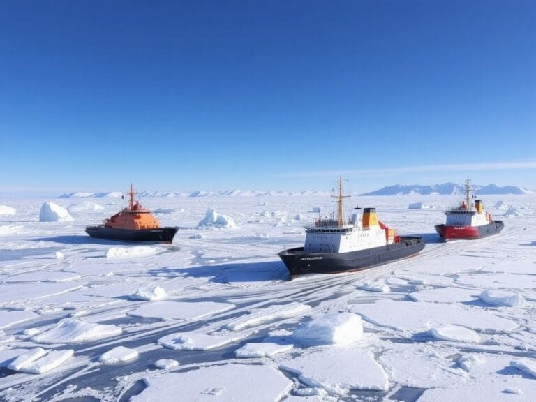 Flick International Modern icebreakers navigating through Arctic ice in a dramatic landscape