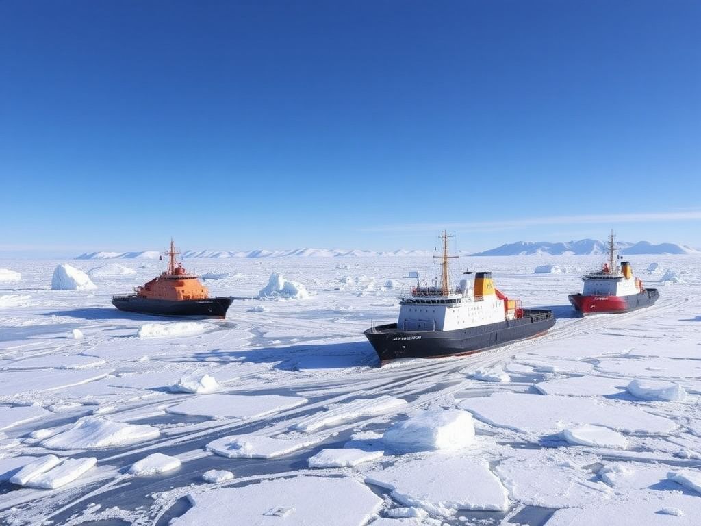 Flick International Modern icebreakers navigating through Arctic ice in a dramatic landscape