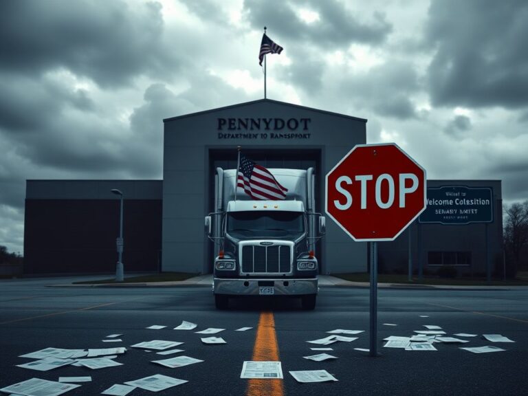Flick International PennDOT building with a commercial truck and symbolic signs illustrating the CDL crisis