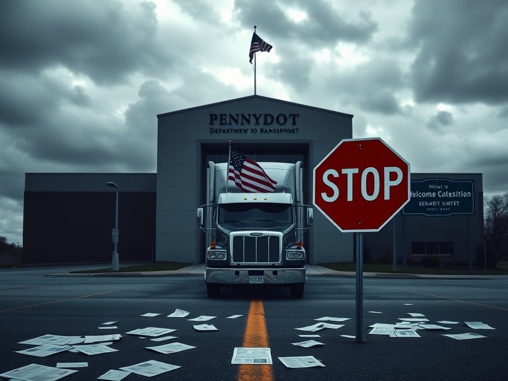 Flick International PennDOT building with a commercial truck and symbolic signs illustrating the CDL crisis
