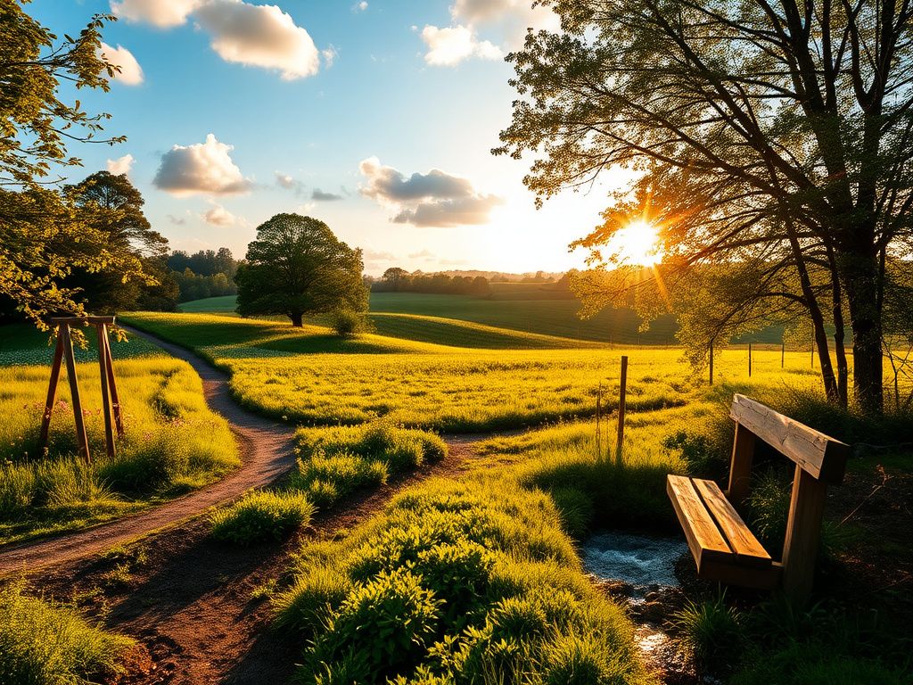 Flick International Serene countryside landscape during golden hour with wildflowers and a winding path.