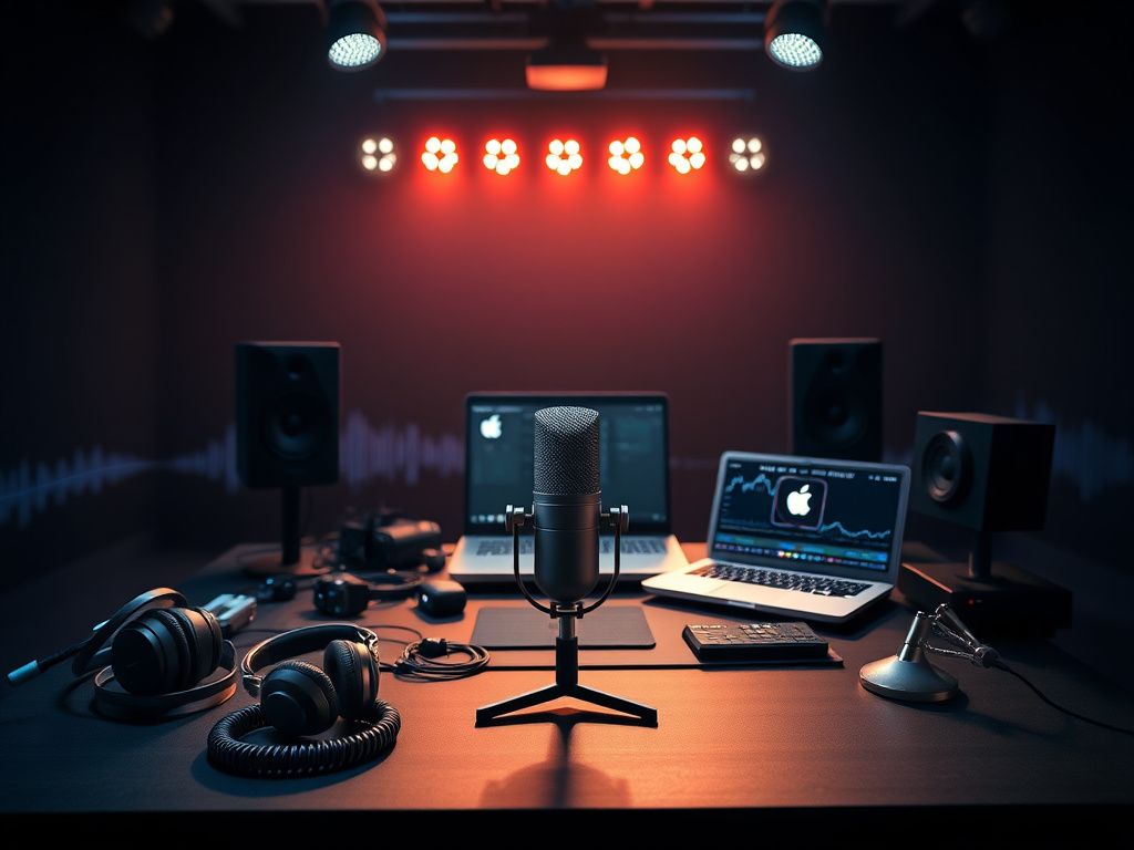 Flick International A high-quality microphone set against a modern podcasting setup