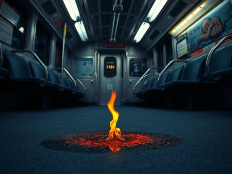 Flick International A dimly lit interior of a Chicago Transit Authority train with a charred spot on the floor
