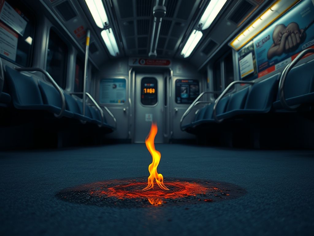 Flick International A dimly lit interior of a Chicago Transit Authority train with a charred spot on the floor