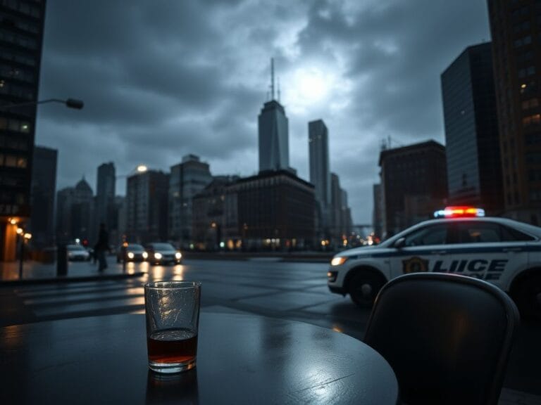 Flick International Somber nighttime cityscape of Midtown Manhattan with an empty restaurant table and police presence