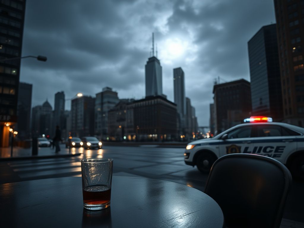 Flick International Somber nighttime cityscape of Midtown Manhattan with an empty restaurant table and police presence