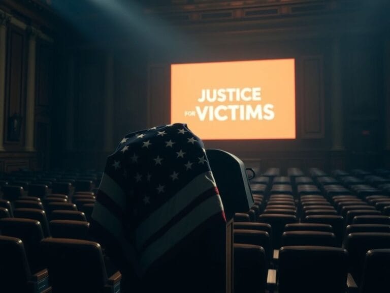 Flick International Dimly lit congressional chamber with empty seats and a large folded American flag