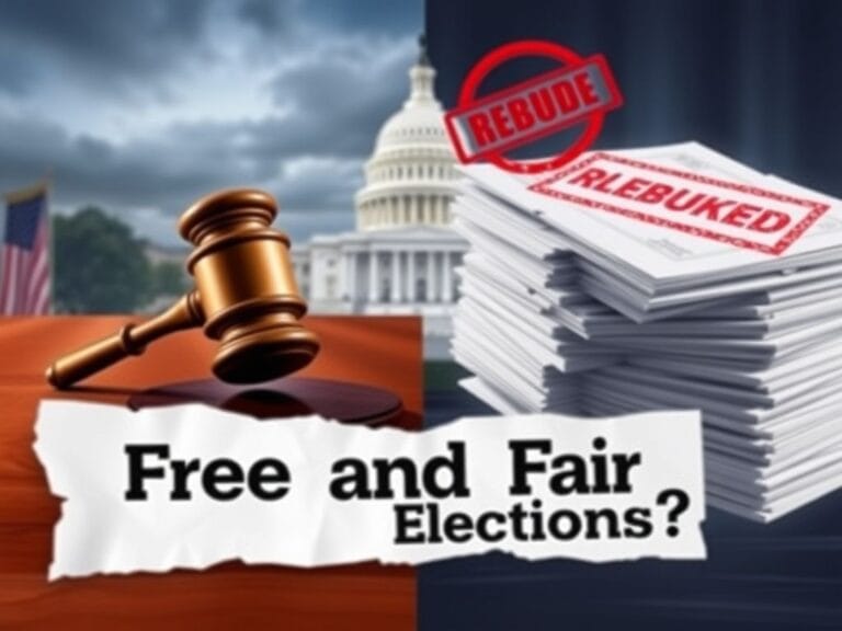 Flick International A split image showcasing a gavel on a wooden desk next to election ballots with a 'Rebuked' stamp, highlighting political tension.