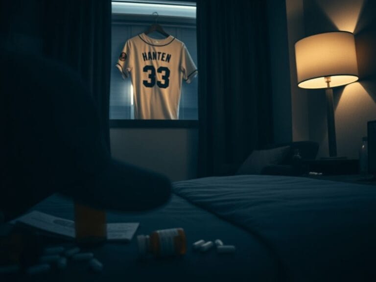 Flick International A somber hotel room scene with a neatly made bed and a bottle of prescription pills, symbolizing loss and addiction.