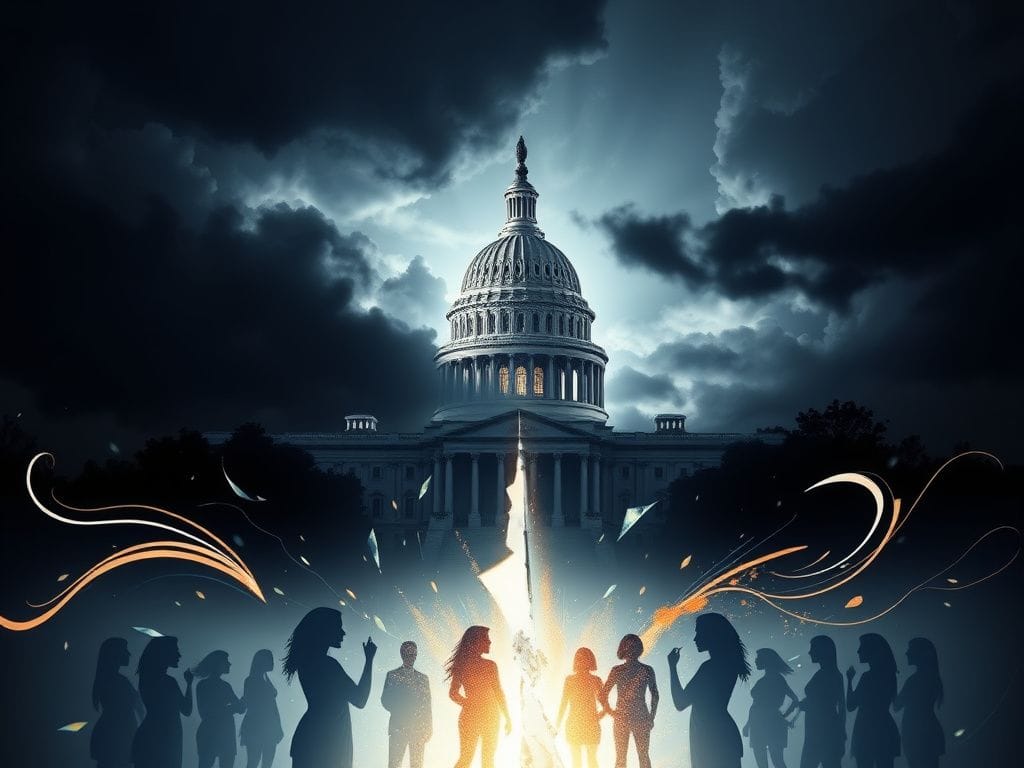 Flick International Dramatic depiction of the U.S. Capitol shrouded in dark storm clouds, symbolizing the tension in discussions of female leadership.