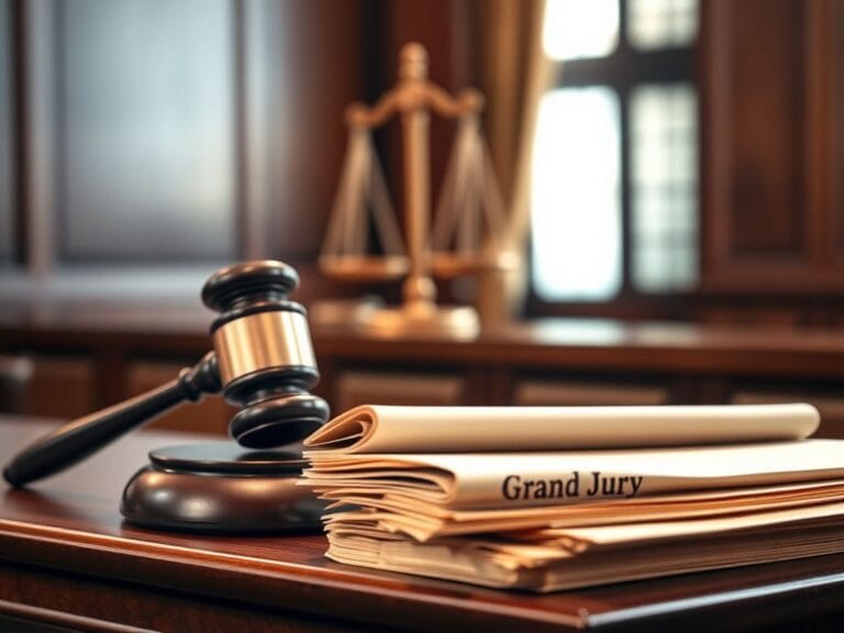 Flick International Courtroom scene with a large gavel and stacks of legal documents