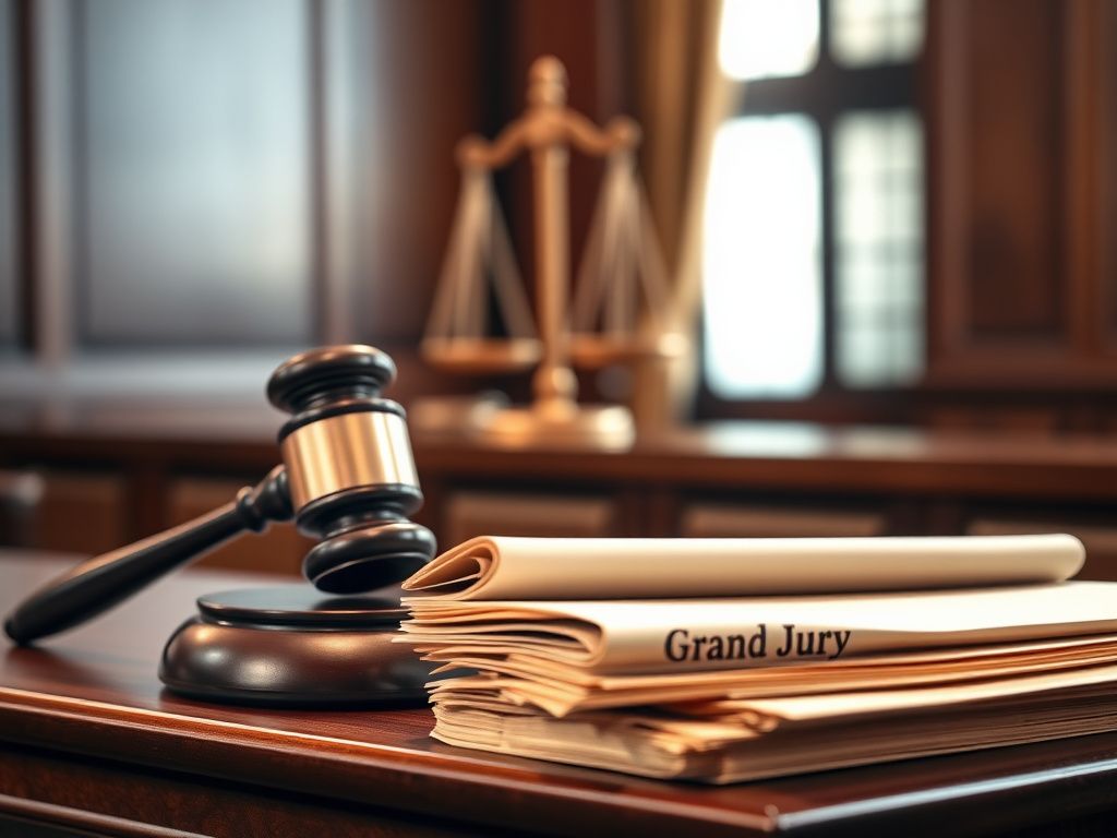 Flick International Courtroom scene with a large gavel and stacks of legal documents