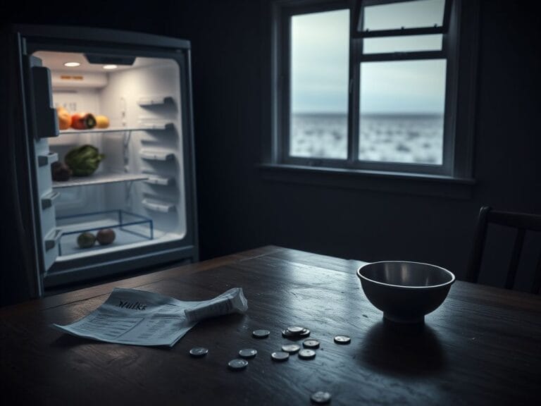 Flick International A somber kitchen table with signs of financial distress, featuring wilted vegetables and an unpaid bill