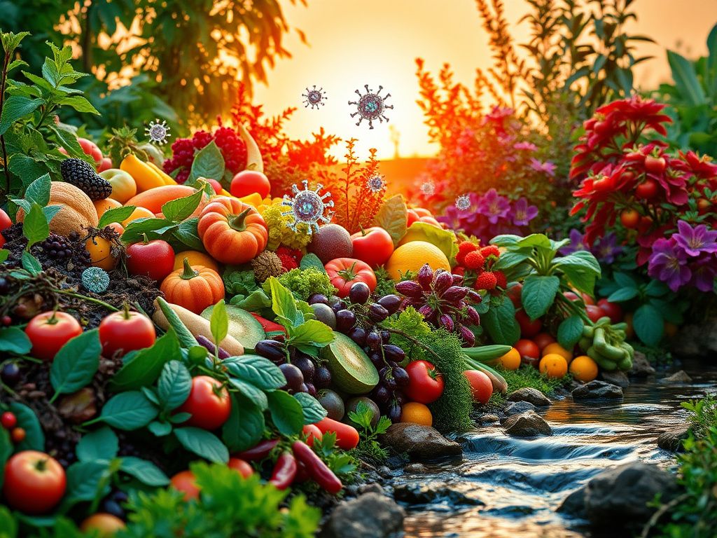 Flick International Close-up of a vibrant garden with colorful fruits, vegetables, and herbs symbolizing immune health